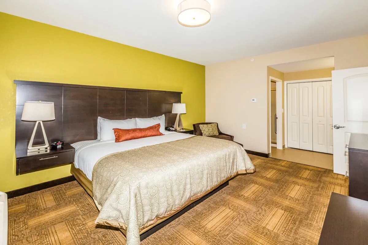 This image features a cozy bedroom with a king-size bed adorned with decorative pillows and flanked by lamps on nightstands. The accent wall in calming green enhances the relaxing atmosphere, and soft, natural light filters into the space, creating a restful sanctuary.